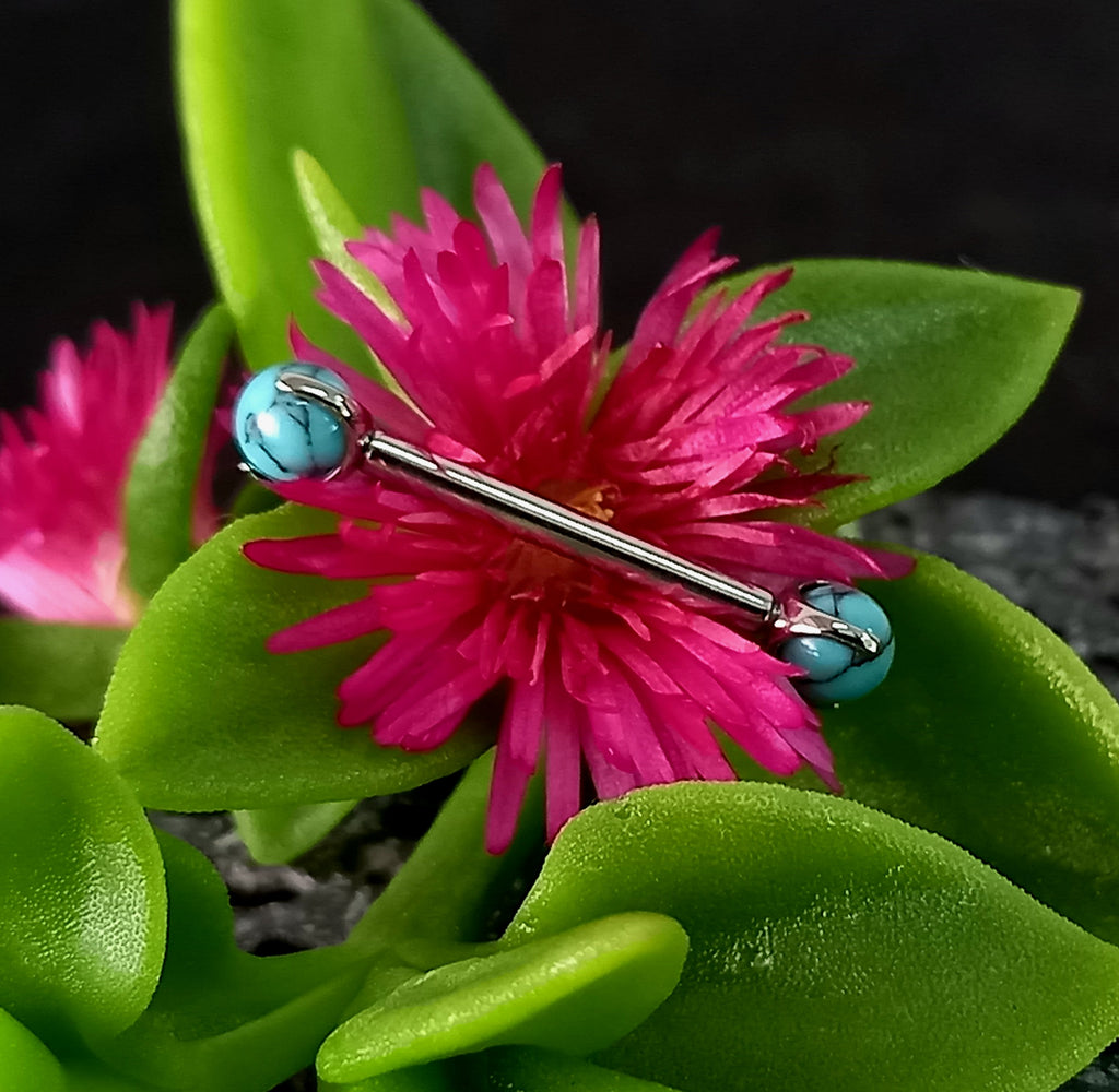 Barbell con esfera turquesa - titanio grado implante ASTM F-136