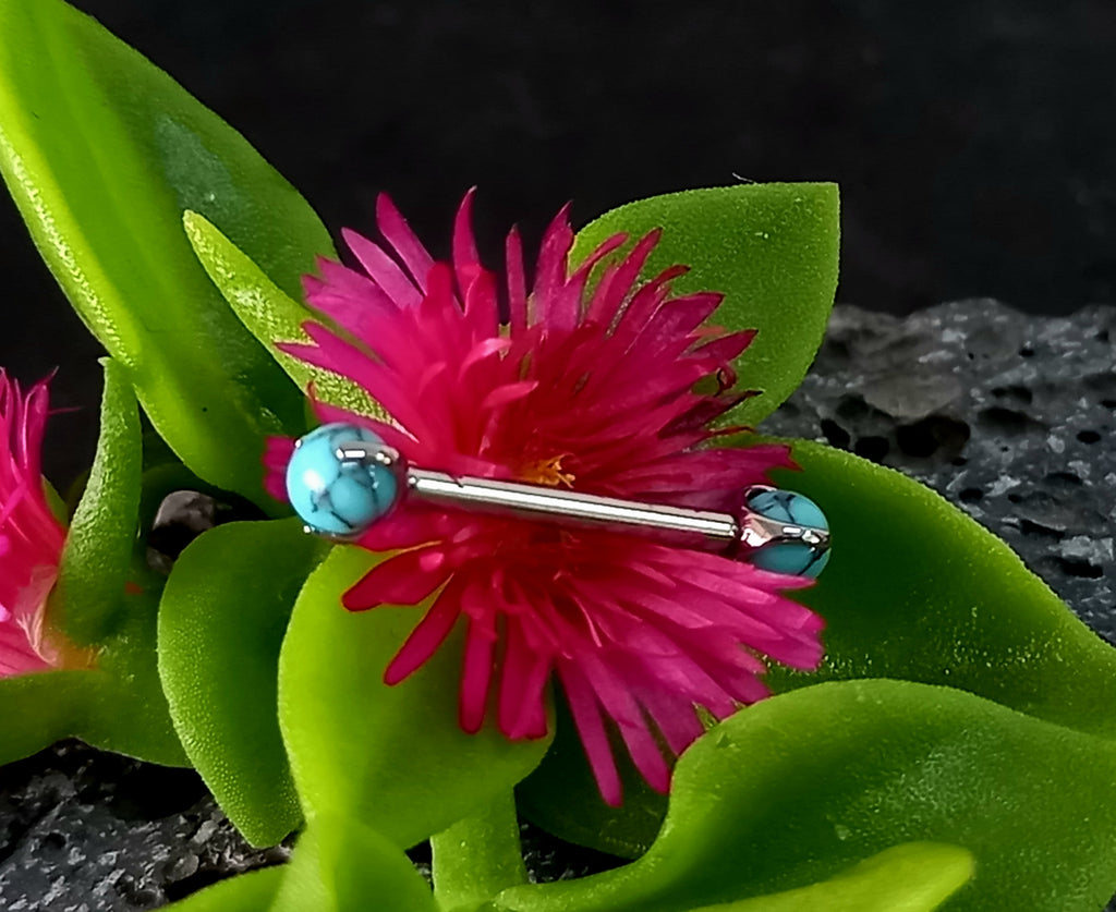 Barbell con esfera turquesa - titanio grado implante ASTM F-136