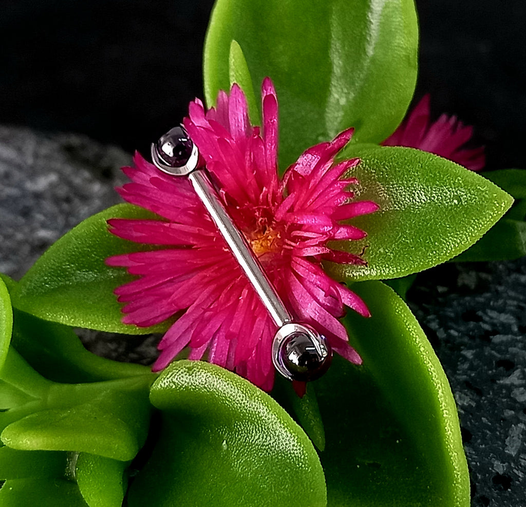 Barbell con esfera amatista  - titanio grado implante ASTM F-136